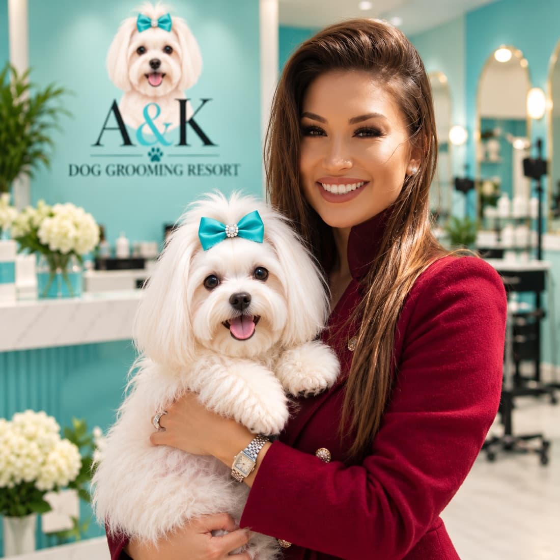 Kamilia Grats, founder of A&K Dog Grooming Resort, holding a white Maltese in the salon